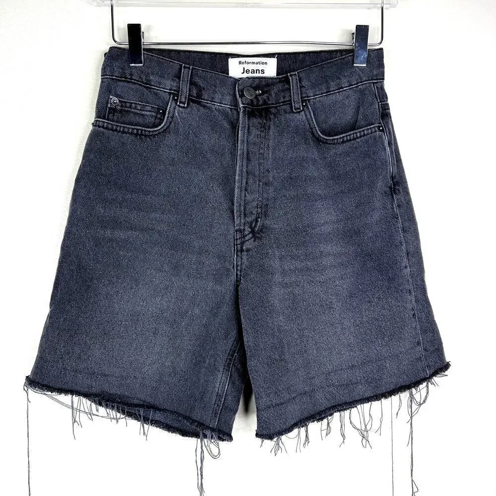 Reformation Black Denim Cut Off Jean Shorts High Waisted Long Button Fly 24